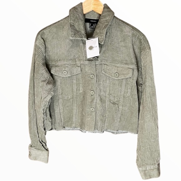 𝅺forever 21 Olive Corduroy Crop Jacket, Size X-Small- New With Tags - Picture 2 of 4